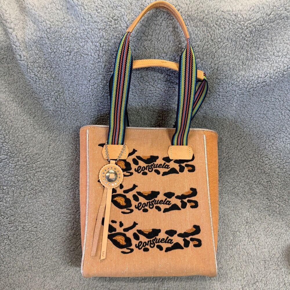 CONSUELA Tote Bag Tan Leopard Glitter Canvas Carryall Multi Color Straps Charm